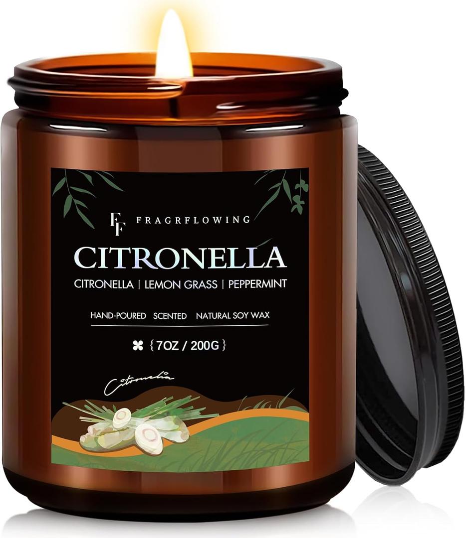 Citronella Candle, Indoor Outdoor Lemongrass Scented CandleNatural Soy Wax Jar Candle, 50-Hour Burn Time, 7 oz