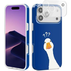 Compatible with iPhone 17 Pro Case, Trendy Cute Funny Goose Girly Soft Slim TPU Shockproof Aesthetic Protective Phone Case Cover for Women Girls 6.3" Blue