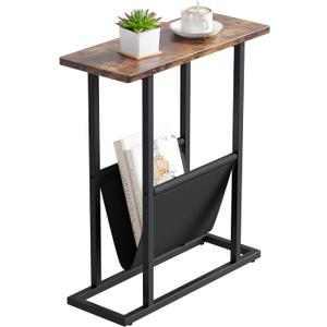 Yusong Narrow Side Table for Small Spaces, Small End Table with Magazine Holder, Skinny Slim Little Thin Table for Living Room, Bedroom, Sofa, Rustic Brown (16.5"W)