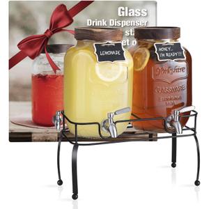 mustry Glass Drink Dispenser for Parties, 1 Gallon Beverage Dispenser with Stand and Spigot Solid Stainless Steel, Used as Lemonade Dispenser Sun Tea Jar Kombucha Jar, Set of 2