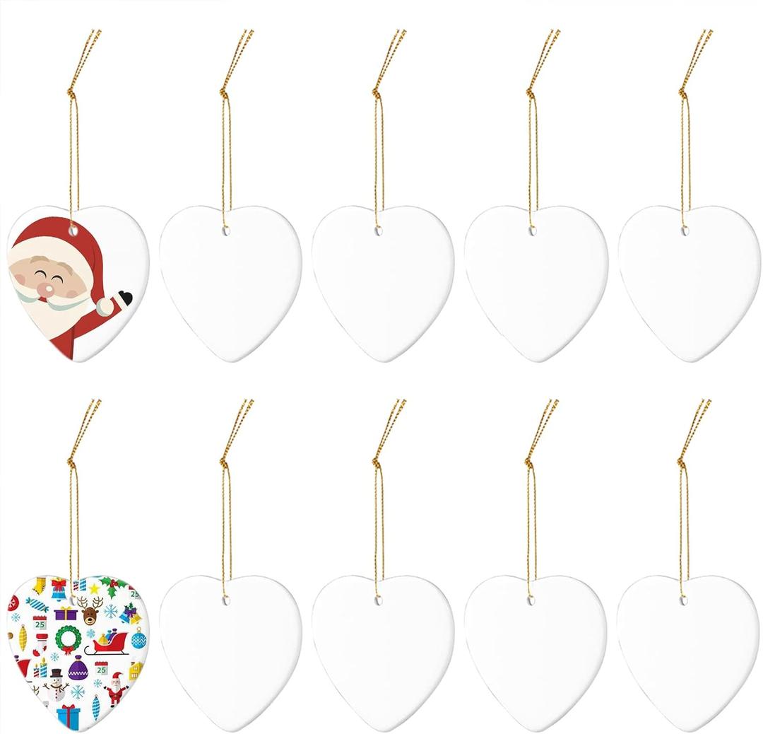 10 Pieces Sublimation Ornament Blanks Bulk White Heart Ceramic Ornament with Gold String for Wedding DIY Crafts Valentine's Day Personalized Ornament Decorations