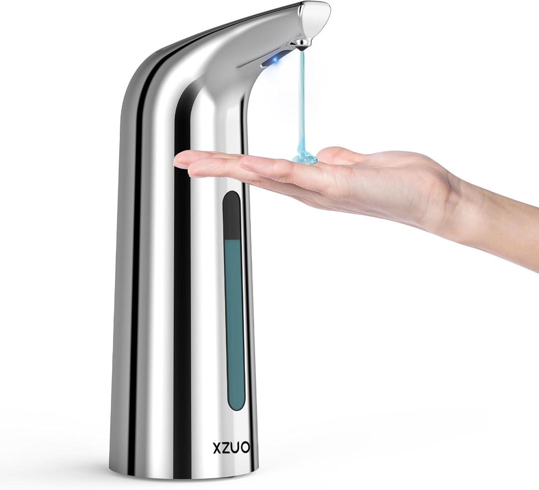 Automatic Soap Dispenser with Infrared Sensor - Adjustable 4-Level Touchless Hand Soap for Kitchen, Bathroom - Battery Operated Electric Dispenser, Durable Plastic, Smart Soap Holder (400ML Silver) (Sliver)