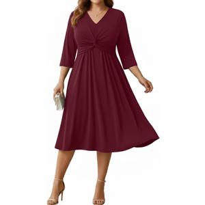 Talisea Plus Size Dress for Women Twist Knot V Neck 3/4 Sleeves A Line Wedding Guest Midi Dresses, 16W