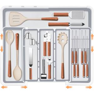 Large Utensil Organizer for Kitchen Drawer, Expandable Silverware Drawer Organizer Cooking Tray, Cutlery and Flatware Utensil Holder Kitchen Spatula Tools Storage with 3 Dividers, Grey