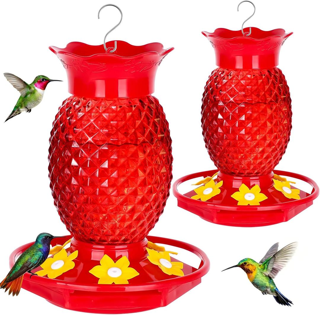 Fchstaer Glass Hummingbird Feeders for Outdoors Hanging 16oz 2 Pack Red Pineapple Bee & Ant Proof 360Perch Leakproof Easy Clean with 6 Feeding Ports Gifts for Mom