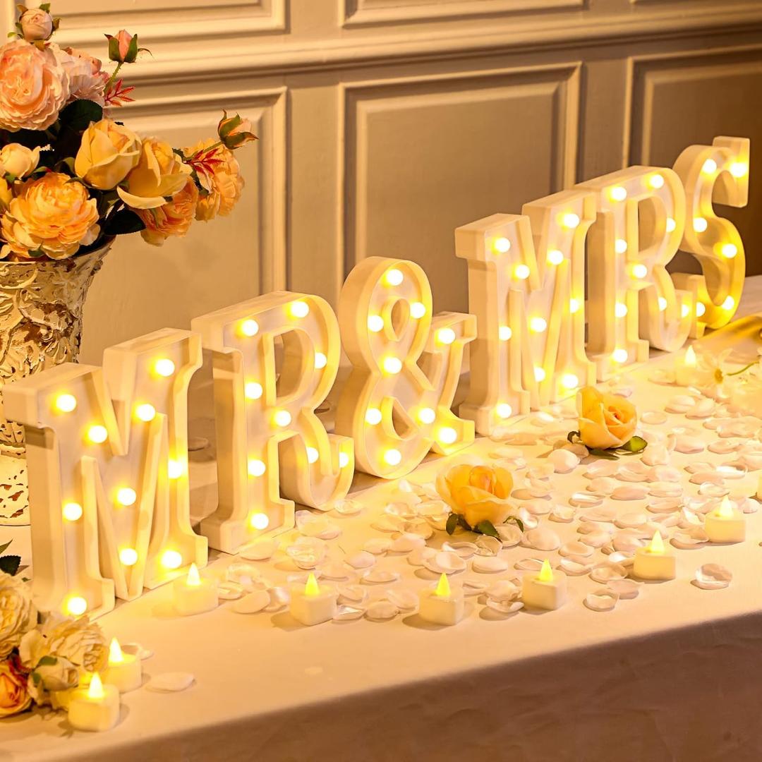 6 Pcs Mr and Mrs LED Sign 12 Flameless LED Candles 300 Artificial Rose Petals Neon Mr and Mrs Sign for Wedding Table Heart Romantic Candles Light up Letters for Romantic Night Decor(White)