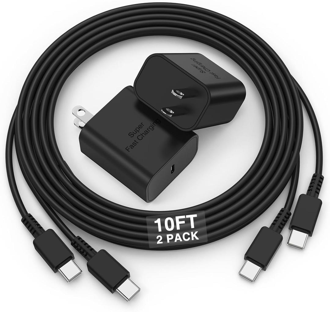 2Pack 45W Super Fast Charging Block and 10ft USB C to C Cable Long,Type C Wall Plug and Android Phone Charger Cord for Samsung Galaxy S25/S24 Ultra/S23+/S22 Plus/S21/S20/Note20/iPhone 17 16 15 Pro Max