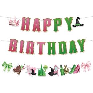 3pcs Pre-Strung Wicked Happy Birthday Banner Pink and Green Paper Garland for Witch Theme Party Decorations