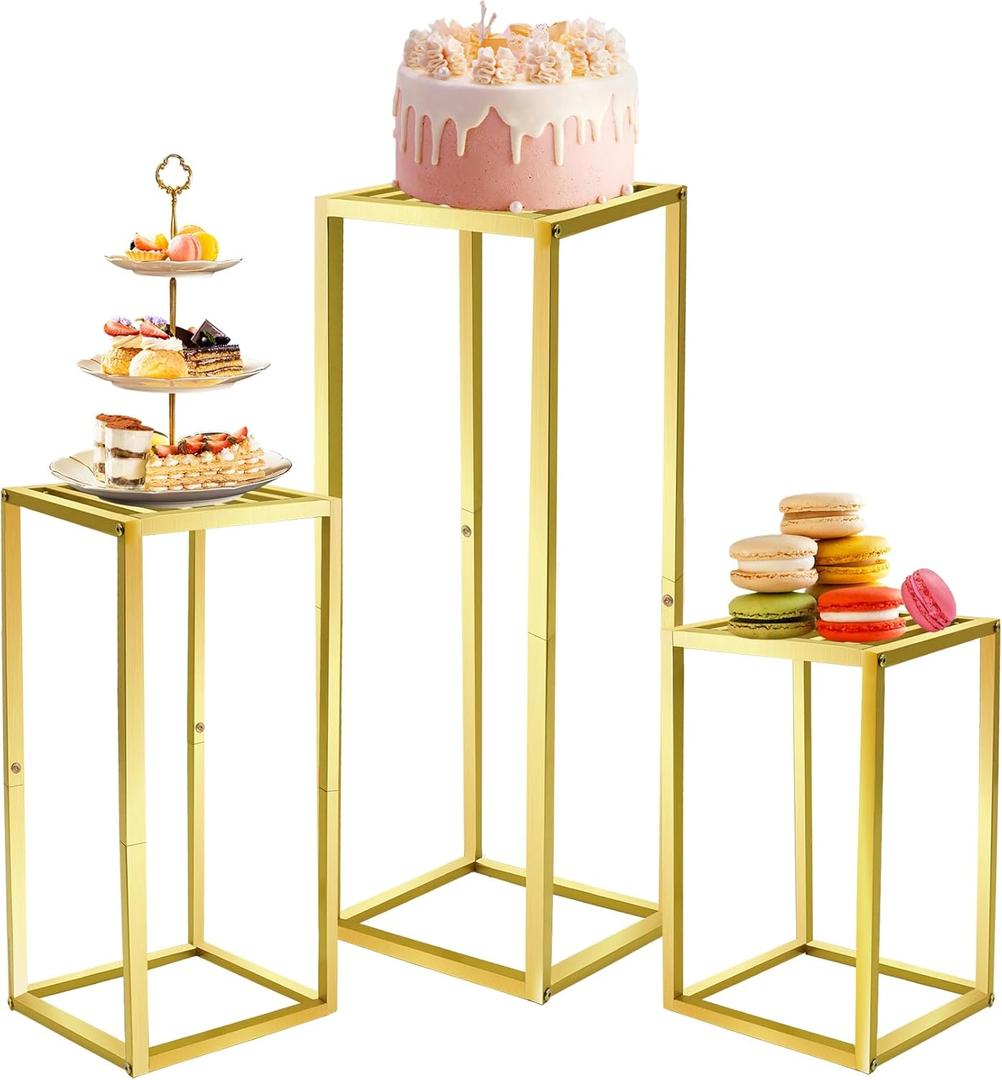 TUSPEU Cylinder Pedestal Stands for Party & Plant,3pcs Square Gold Metal Wedding Flower Display Stand for Centerpieces,15.7/23.6/31.5 inch Tall