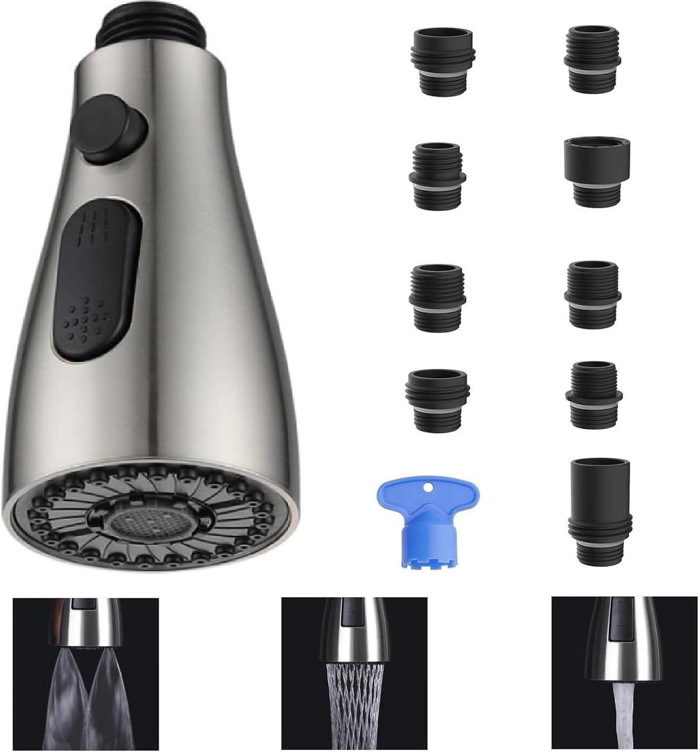 Kitchen Faucet Sprayer Head Replacement - Pull Down Faucet Spray Head with 9 Adapters, 3 Functions Spray Head Spiral (Brushed Nickel)