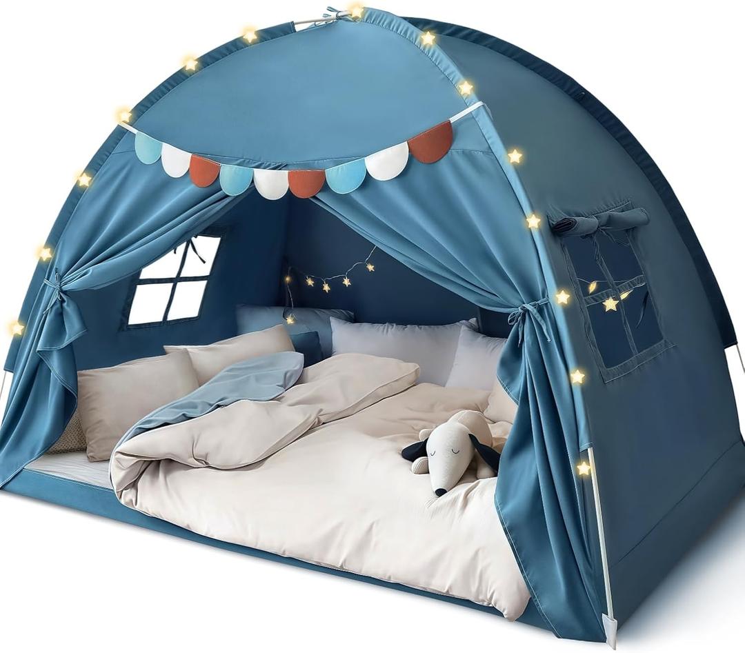 Razee Full Size Bed Canopy for Kids, Toddler Bed Tent Dream Playhouse Privacy Floor Sleeping Tents Indoor Under Bunk Bed Tent with Pennant Banners, Kid House Toys for Boys Girl Birthday Gift, 54.7"W x 76.3"L