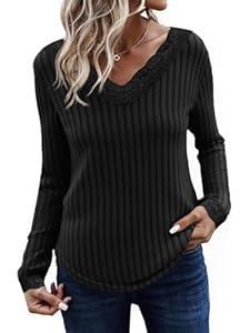 Tankaneo Womens Lace V Neck Tunic Tops Long Sleeve Ribbed Knit Shirts Fall Casual Basic Tees Black M