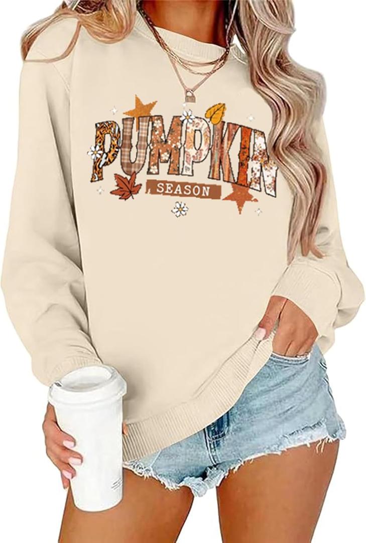 Happy Thanksgiving Sweatshirts for Women Pumpkin Letter Graphic Shirts Fall Thankful Long Sleeve Pullover Tops (Medium, Apricot-2)