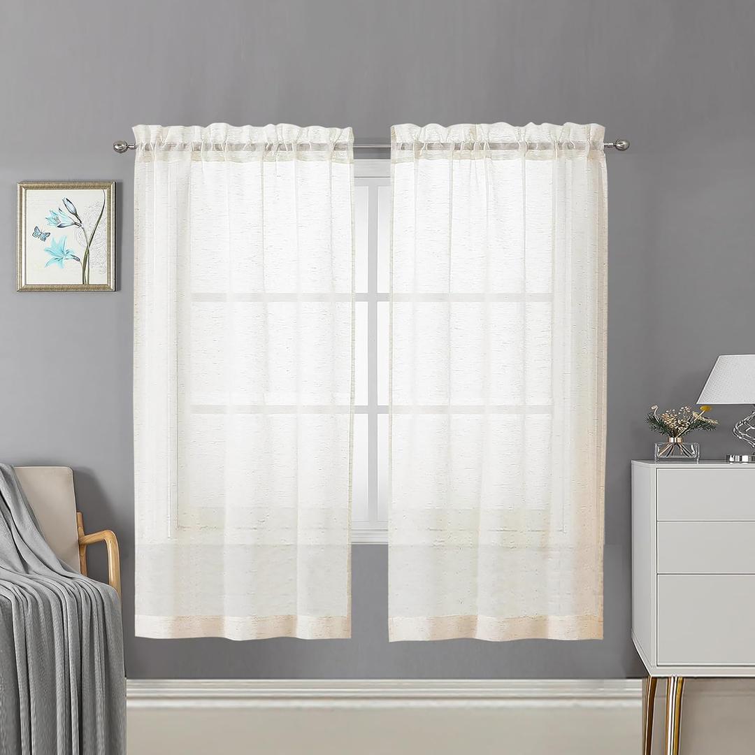 Lecloud Doris Bedroom Natural Linen Sheer Curtains 63 Inches Long 2 Panels, Light Filtering Slub Textured Voile Curtain & Panel with Dual Rod Pockets, Solid Gauzy Kitchen Living Room Drapes, 40W x 63L
