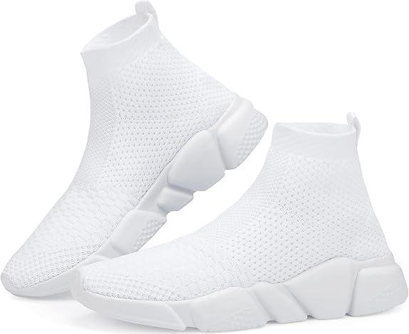 Walking Shoes for Men Lightweight High Top Sneakers Breathable Knit Athletic Running Shoes Fashion Gym Sports Shoes 41, White