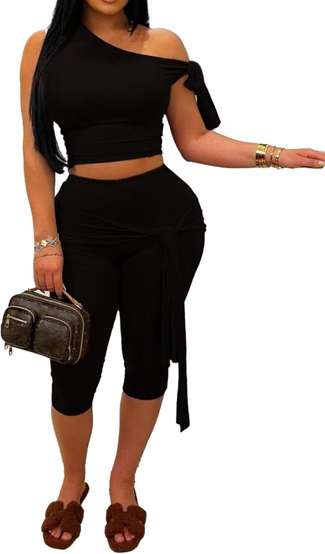 CXXQ Sexy 2 Piece Outfits Off Shoulder Self Tie Crop Tops and Capri Legging Set Tracksuits Clubwear (Medium, Black)