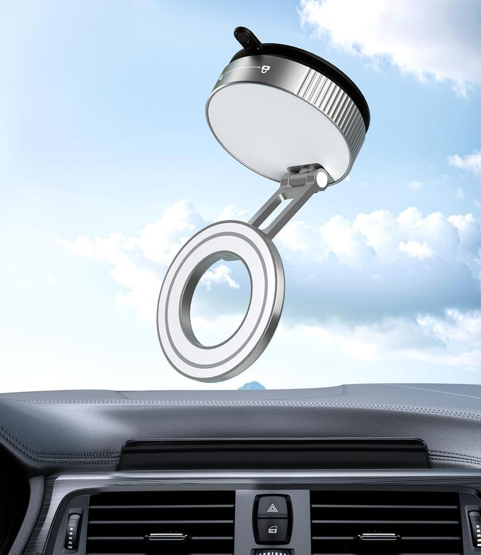 CloudValley Magnetic Car Phone Holder - Vacuum Suction Cup Phone Mount 360 Adjustable, Durable Metal Stand for iPhone & Android, Portable Magnetic Holder for Dashboard/Windshield/Gym Mirror (Silver)
