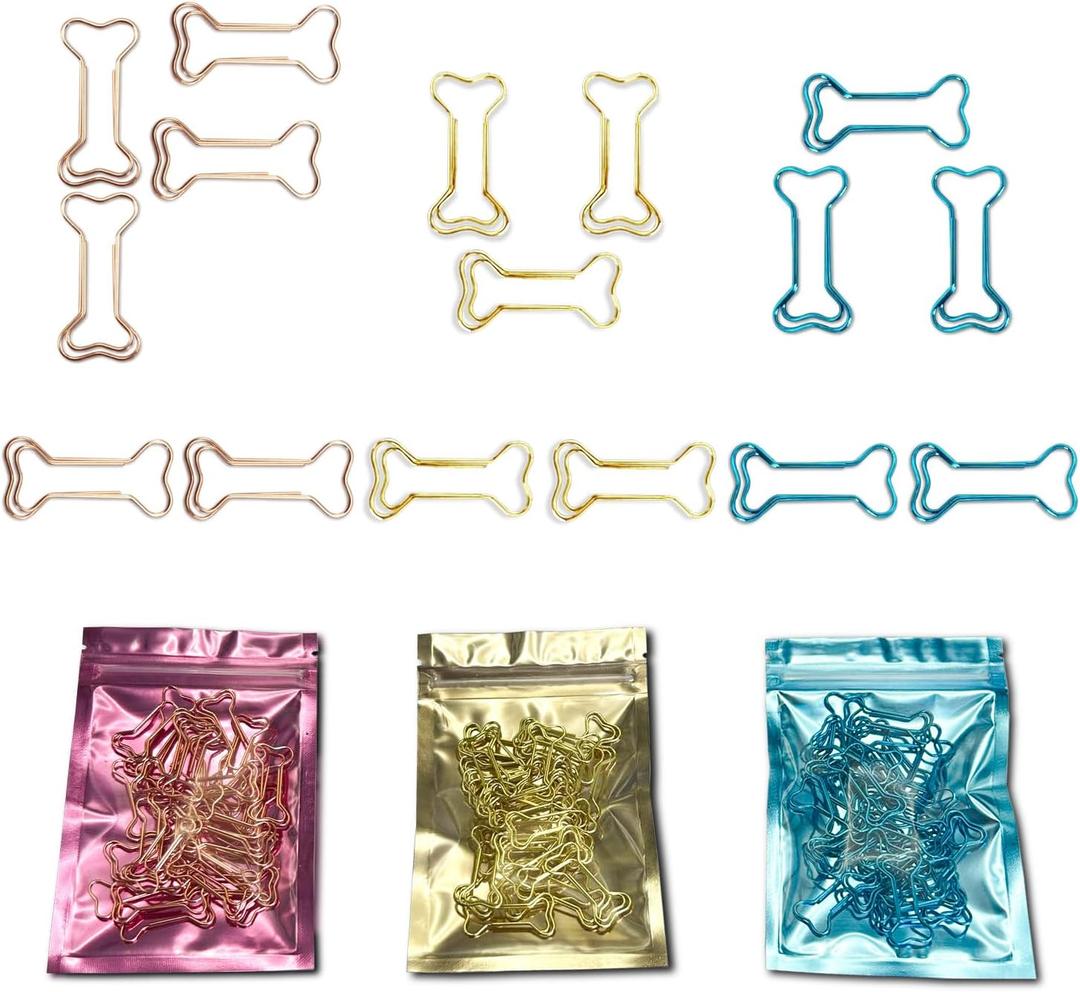 Paper Clips, 90 Pcs Cute Dog Bone Shaped Paper Clips, Fun Metal Office Supplies, School Gift, DIY Personalized Decoration, 3 Independent Bagged (Gold Rosegold Blue)