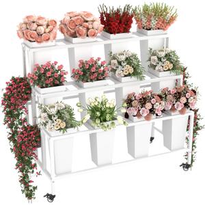 Flower Display Stand with 12 Buckets & Wheels – 3-Tier Mobile Flower Cart, White Metal Flower Bar for Weddings, Florist Shops, Patio, Garden & Home
