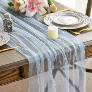Artoid Mode 3PCS Pearl Blue Gauze Table Runner 120 Inch 10FT, Seasonal Sheer Dining Holiday Wedding Birthday Baby Shower Table Decor for Home Party, 28" x 120", 3pc