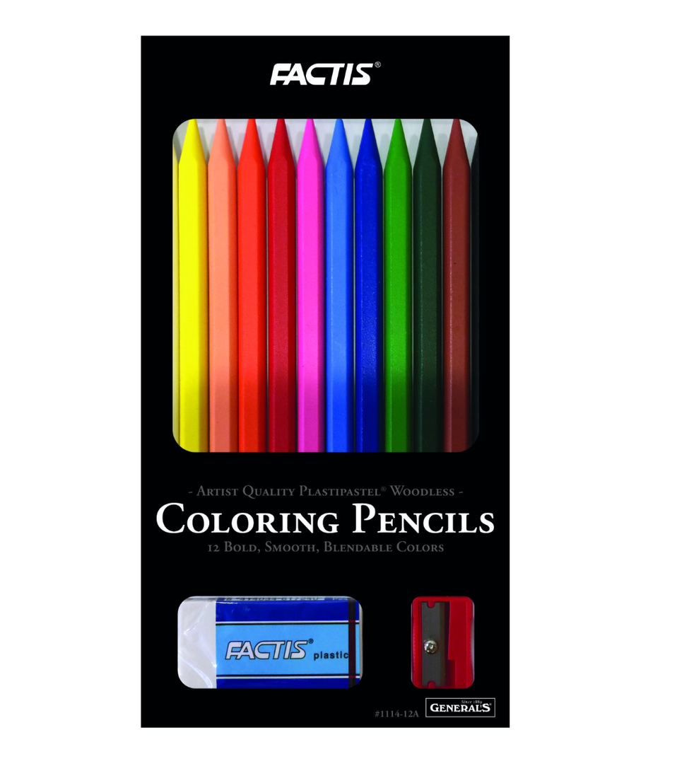 General Pencil Factis (R) Woodless Coloring Pencil Set 12-Piece Assorted, Acrylic Multicolour, 0.51x4x7.5 cm