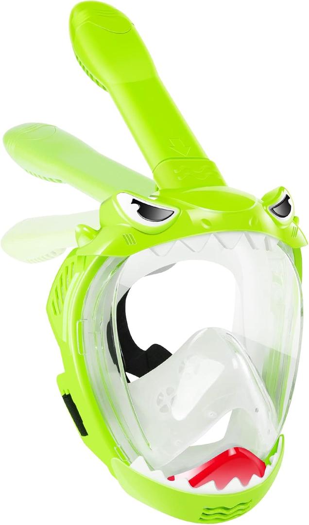 Full Face Snorkel Mask for Kids with 180 Panoramic View, Snorkeling Set Featuring Anti-Leak and Anti-Fog Foldable Dry Top Design for Safe Underwater Adventures Snorkeling Gear for Kids (Green)