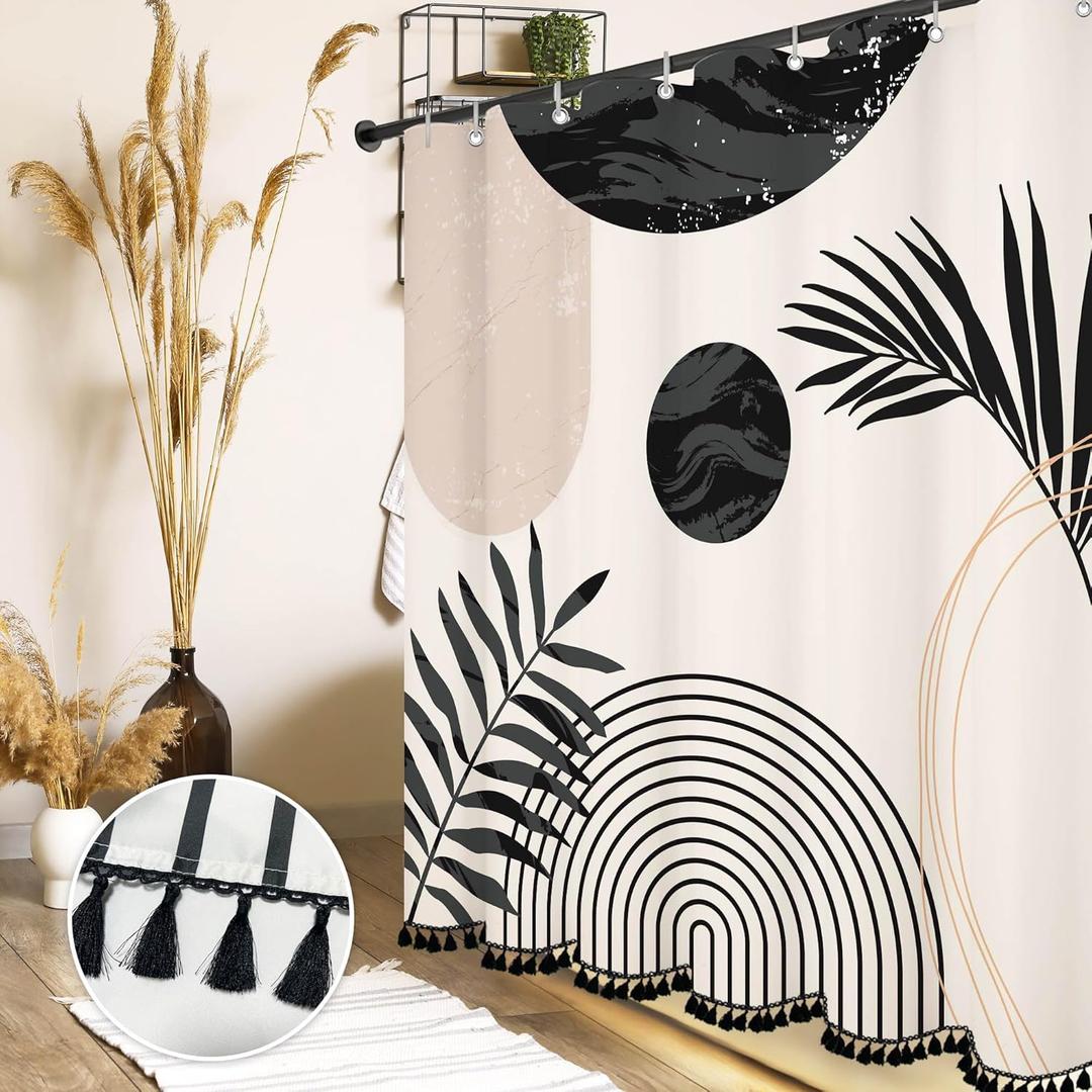 Boho Mid Century Leaf Shower Curtain Set,Arch Sun Design,Minimalistic Leaves Pattern,Waterproof and Luxurious Fabric-12 Hooks(Black and White-72" x 72") (72"W x 72"L (Pack of 1), Cream)