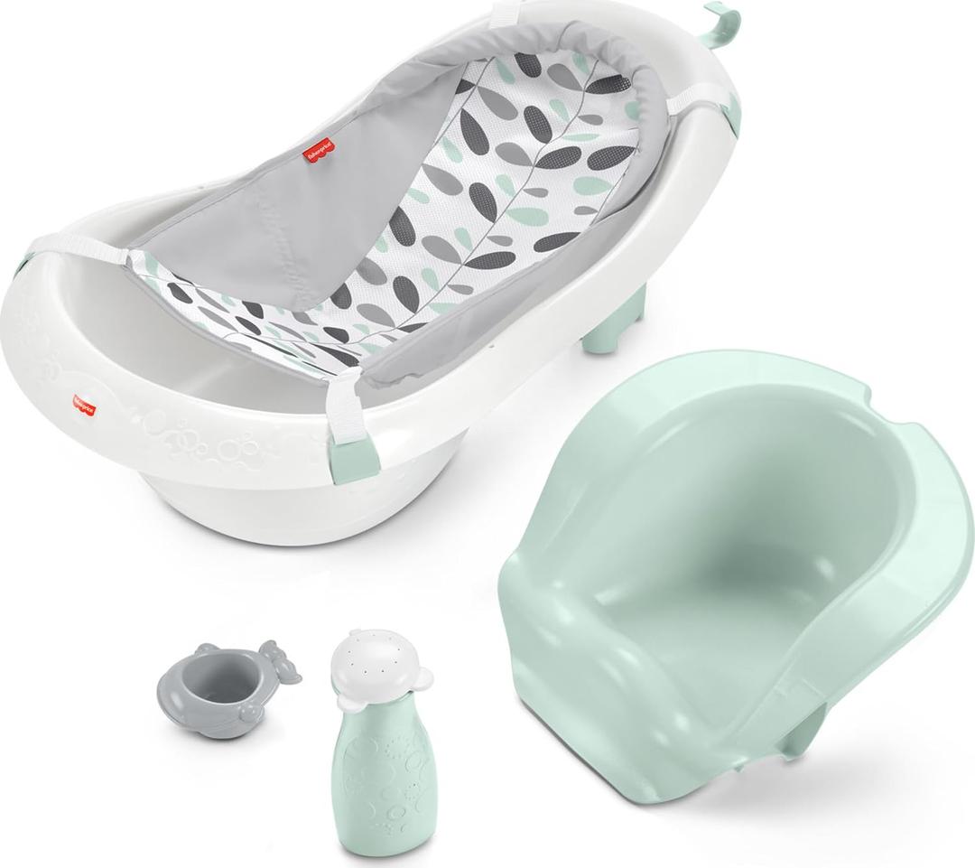 Fisher-Price Baby to Toddler Bath 4-in-1 Sling n Seat Tub with Removable Infant Support and 2 Toys, Climbing Leaves