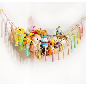 YKBU Stuffed Animals Hammock Corner Hanging Net with Wooden Beads Macrame Stuffed Animal Storage Ideas Plush Holder Toy Organizer for Boho Nursery Playroom Bedroom Kids Room Decor (Colorful, X-Large)