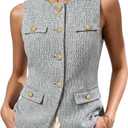 Tweed Vest Tops for Women - Summer Button Front Blazer | Fully Lined Round Neck with Pockets, Sleeveless Long Blazer, Tweed Dressy Vest, Business Casual Tops, Office Work Waistcoat (M)