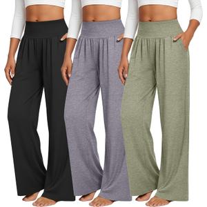 3 Pcs Women's Wide Leg Yoga Pant Comfy Loose Sweatpants High Waist Lounge Casual Athletic Pant Workout Joggers Pant (Pea Green, Smoky Gray, Black, XX-Large)
