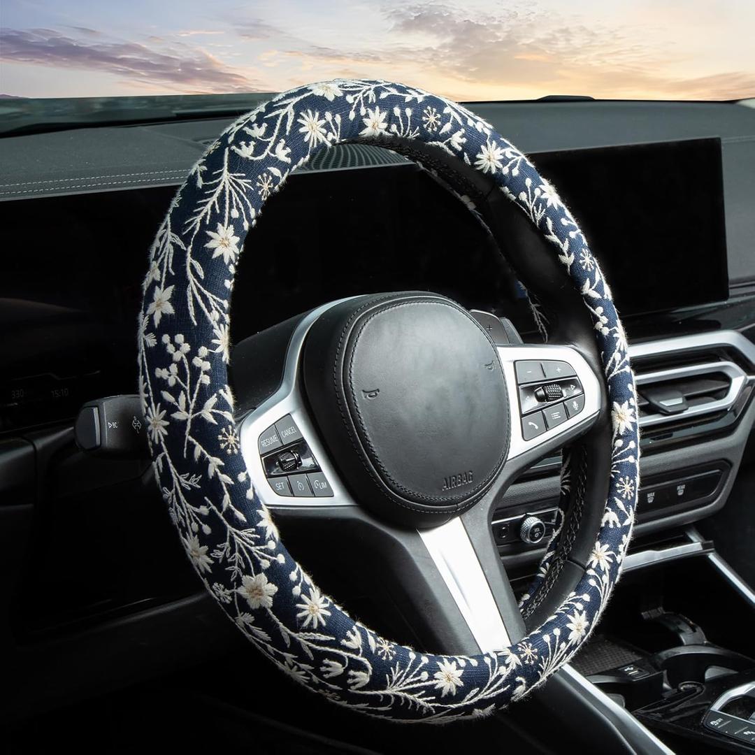 Brown Japanese Style Flower Steering Wheel Cover Auto Embroidery Steering Wheel Protector, Anti-Slip, Breathable, Absorbing Sweat, Universal Car Accessories 14.515 inch,Fit for Most Car, Trucks, SUV