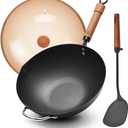 WANGYUANJI Carbon Steel Wok with Lid, 12.6" Hammered Stir Fry Pan with Helper Handle & Iron Spatula, Thickened Heavy Duty Flat Bottom Wok for Induction, Electric & Gas Stoves, Metal Utensil Safe