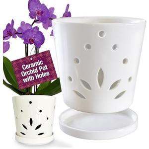 Atri Ceramic Orchid Pots with Holes–5.25in Modern Porcelain Indoor Orchid Planter–Drainage Hole–Small Orchid Pot for Repotting–White Orchid Pot with Holes