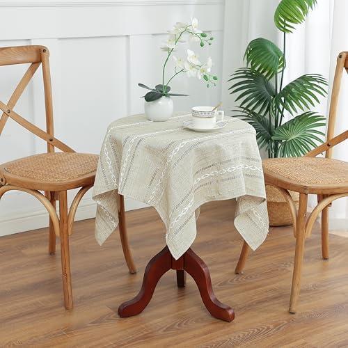 Gernaice Boho Striped Small Square Tablecloth 36x36 Inch, Premium Linen Blend with Cutwork Embroidery, Dustproof Washable Table Cover for Coffee Nightstand Sofa Side End Tables (Brown)