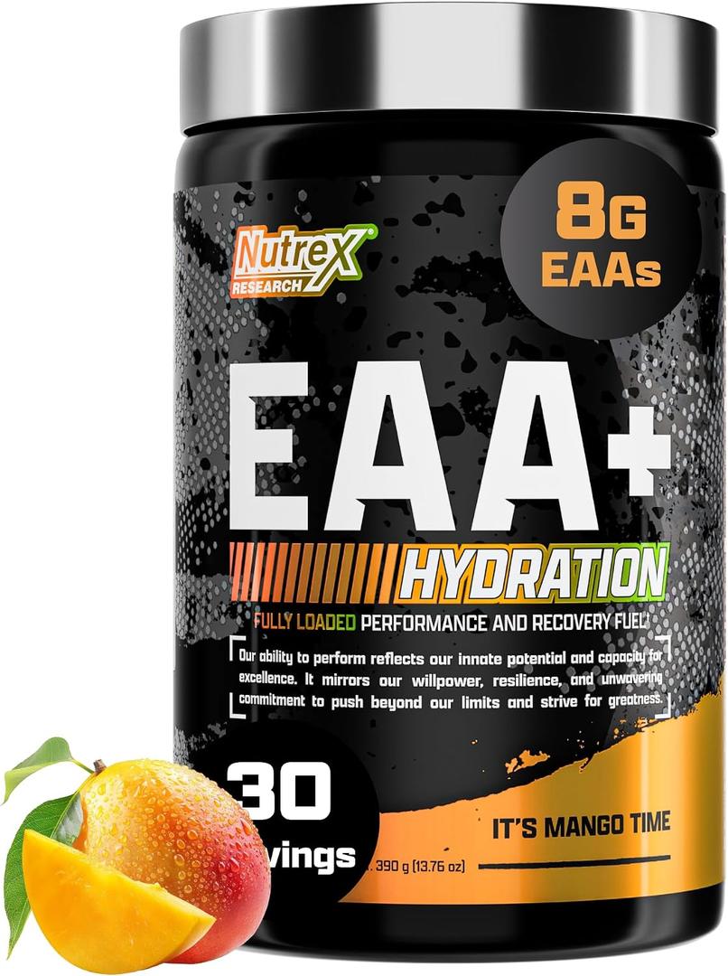 Nutrex Research EAA Hydration | EAAs + BCAA Powder | Muscle Recovery, Strength, Muscle Building, Endurance | 8G Essential Amino Acids + Electrolytes | 30 Servings It's Mango Time, BEST BY 09/2028