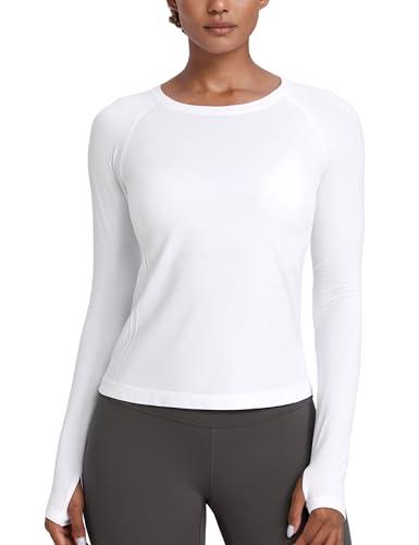 CRZ YOGA Seamless Long Sleeve Shirts for Women Waist Length - Workout Athletic White, Small