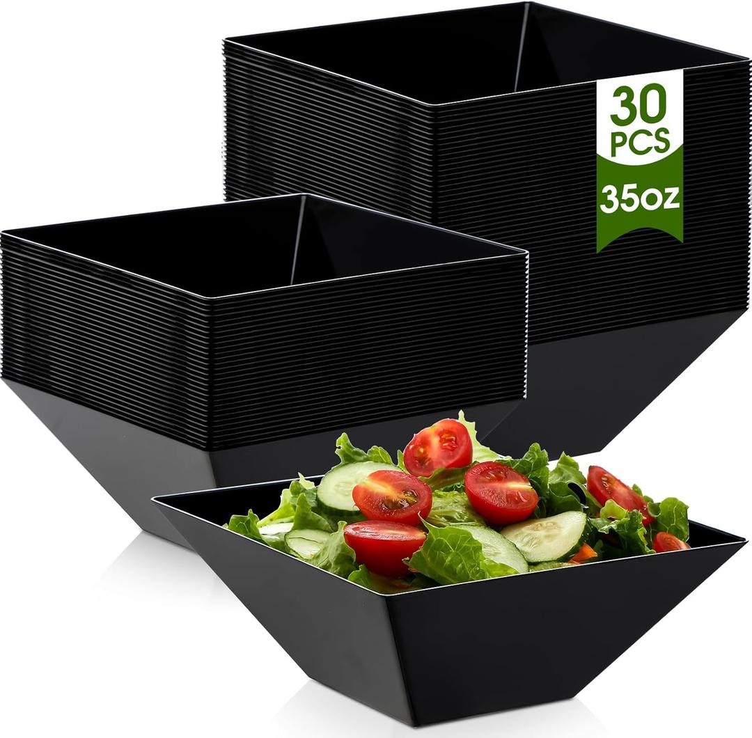 Tioncy 30 Pcs Square Plastic Serving Bowls, Medium Salad Fluted Plastic 35 oz Disposable Serving Bowls Containers for Parties, Snack, Buffet, Chips(Black,Classic)
