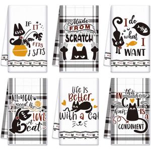 Redbaker 6 Pcs Black Cat Theme Kitchen Towels Funny Dish Towel Black White Kitchen Hand Dishcloth Kitty Decorative Tea Dishcloth with Hanging Loop for Cat Lover Bathroom Home Housewarming Gift