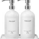 Kitchen Soap Dispenser Set with Ceramic Tray, 16.9oz Glass Dish Soap Dispenser with 12 Waterproof Labels and Stainless Steel Pump, Hand Soap Dispenser for Kitchen Bathroom Farmhouse (White Bottles + Silver Pump)