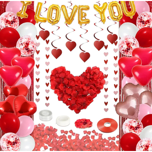 72 Pcs Valentines Day Decor Kit, Happy Anniversary Decorations - Balloon Set, 1000 Pcs Dark-Red Rose Petals, "I LOVE YOU" banner, Multi Decors For Romantic Decorations Special Night