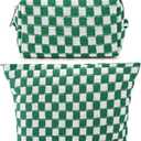 SOIDRAM 2 Pieces Makeup Bag Large Checkered Cosmetic Bag Capacity Canvas Mix Travel Toiletry Bag Organizer Cute Makeup Brushes Aesthetic Accessories Storage Bag for Women, Checkered Mix Green
