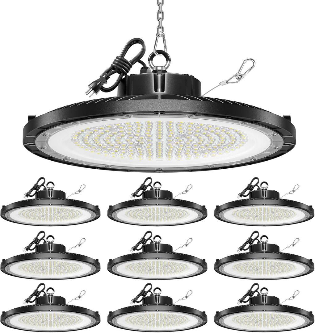 ONLYLUX UFO LED High Bay Light, 10 Pack, 150W, 5000K, 22500LM, High Bay LED Shop Lights with 5' Cable(Eqv.600w Mh/Hps/Hid) for Garage Factory Workshop Warehouse Barn