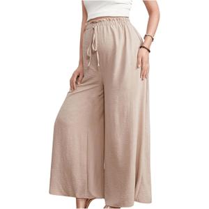 Women's Maternity Elastic High Waist Pants Knot Front Wide Leg Pregnancy Pants (Apricot)