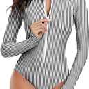Century Star Long Sleeve Swimsuits for Women Teen Girls Bathing Suit Rash Guard Surfing Modest One Piece High Neck Swimwear (6-8, White Black Striped)
