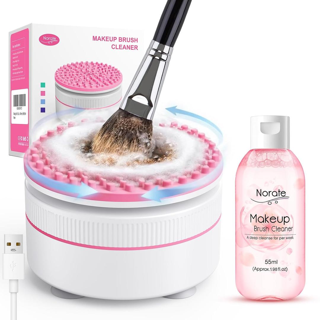 Norate Electric Makeup Brush Cleaner Machine & Deep Cleaning Solution Set, Automatic Spinning Washer with 1.98 Fl.Oz Cruelty-Free Shampoo, Quickly Removes Residue, Ideal Gifts for Women, Makeup Lover