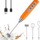 YUSWKO Fluorescence Orange Handheld Milk Frother Wand for Coffee, Rechargeable Electric Whisk with 3 Heads 3 Speeds Drink Mixer Coffee Frother For Latte, Cappuccino, Hot Chocolate, Egg