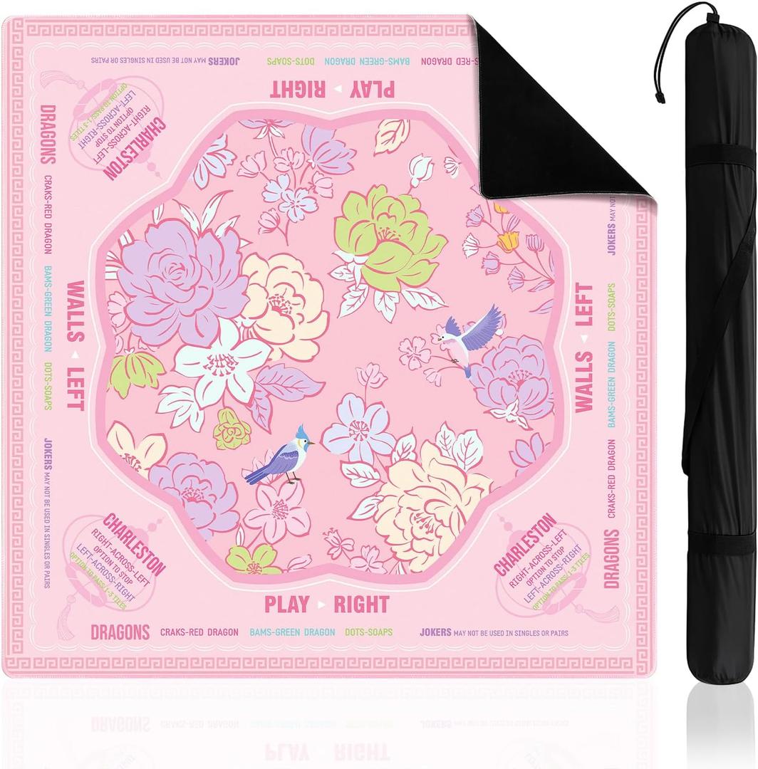 Soulchen Flower Pink American Mahjong Mat for Table with Rules, No Creases, Ships Rolled, 31.5 x 31.5 Non-Slip Noise Reduction Gaming Mat with Carrying Bag for Poker Card Board