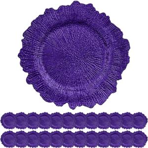 24 Pack Purple Charger Plates Bulk, 13" Plastic Reef Chargers for Dinner Plates, Round Charger Plate with Floral Reef Design for Dinner Wedding Party Table Setting Decoration
