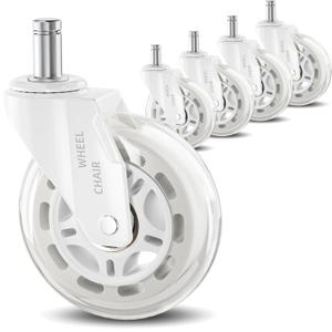 White Office Chair Wheels 3" Inch Roller Blade Rubber Chair Casters Replacement, Universal Fit Stem Heavy Duty Gaming Desk Chair Caster Wheels for Hardwood Carpet Floor - Set of 5